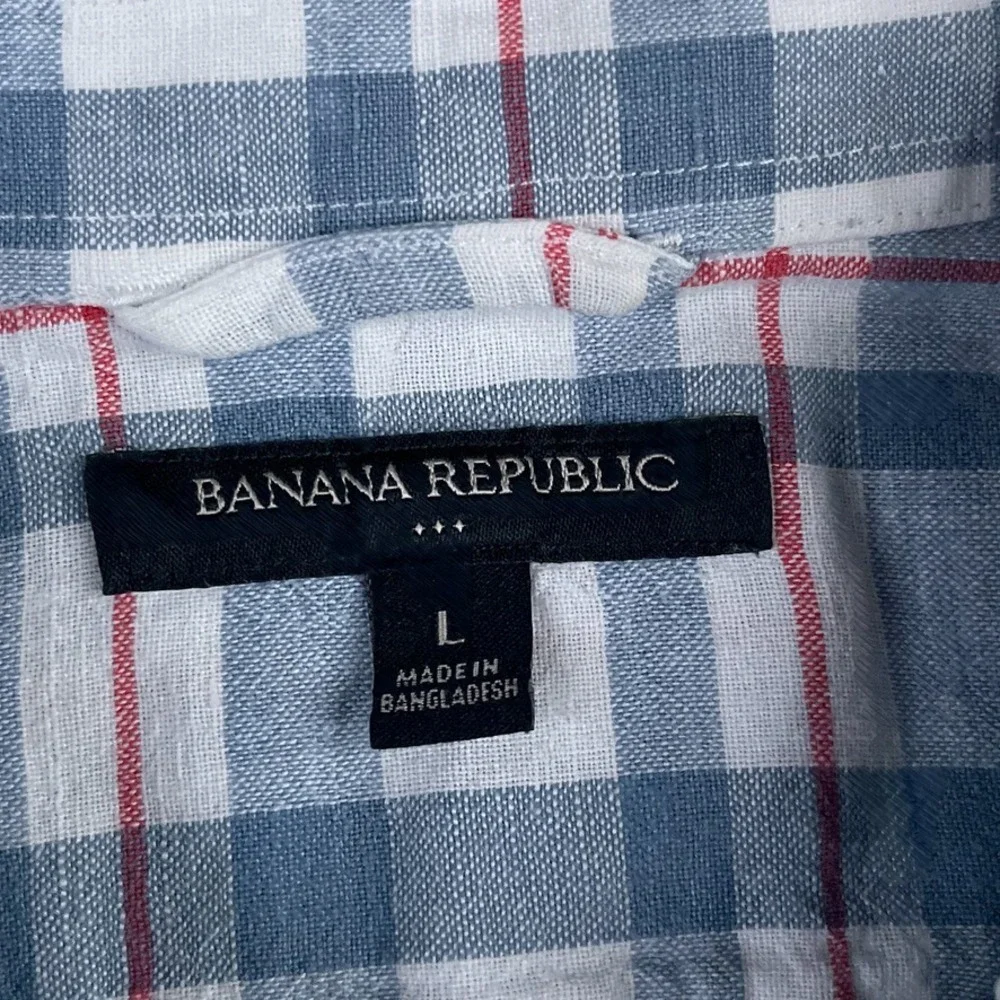 Banana Republic Mens Shirt Large Grey Red Checkered Linen Blend Coastal‎ Preppy